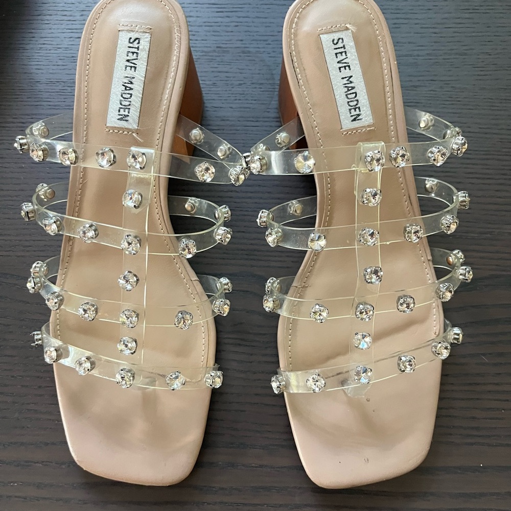 Steve Madden Tan Heels with Crystal Embellishments